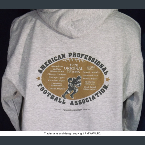 Rochester Jeffersons hoodie backside with league pigskin emblem