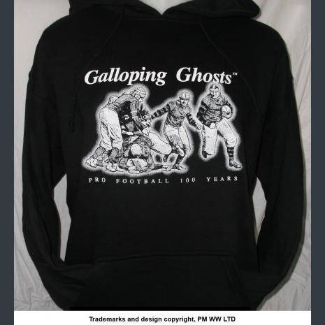 Galloping Ghosts, Pro Football 100 years. Black hoodie with hand warmer pocket